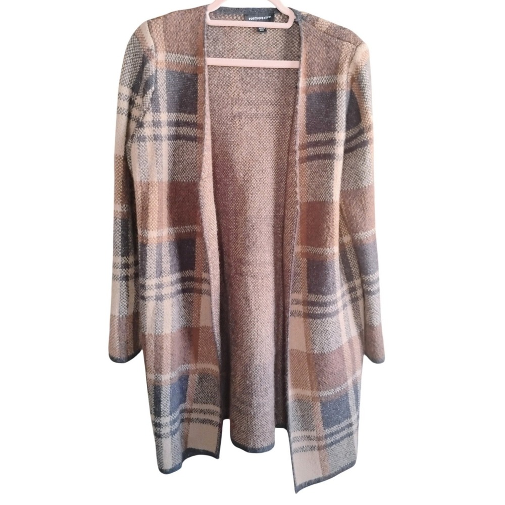 Fortune + Ivy Plaid Open Front Cardigan Women's Large‎ Cozy Neutral Sweater